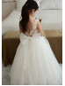 Ivory Shiny Lace Tulle Cute Flower Girl Dress With Detachable Train